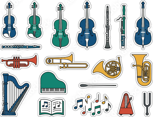 Colorful musical instruments and sheet music icons with transparent backgrounds