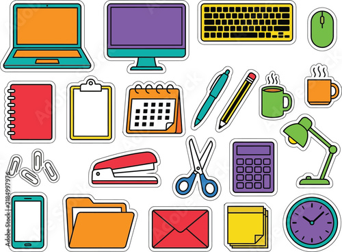 Colorful Office Supplies and Equipment Set with Transparent Background