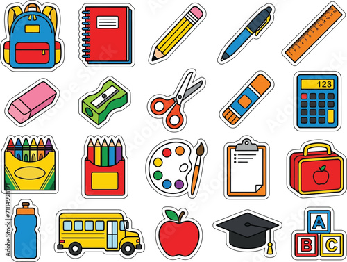 Colorful school supplies and educational items illustration collection with transparent background