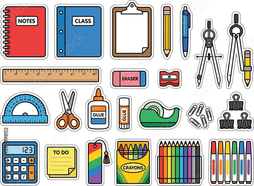 Colorful school supplies flat icons with transparent background for educational design