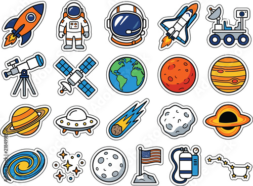 Colorful space and astronomy themed flat icons with transparent background