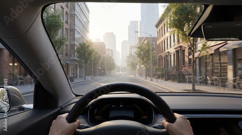 Urban street car dashboard city driving morning sunlight modern architecture create peaceful cityscape as seen from inside car with hands on steering wheel and empty streets