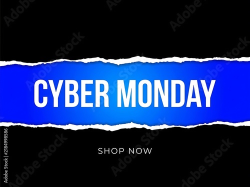 Cyber monday sale banner with torn paper effect and vibrant blue background