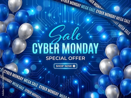 Cyber monday sale banner with blue and silver balloons and circuit board background