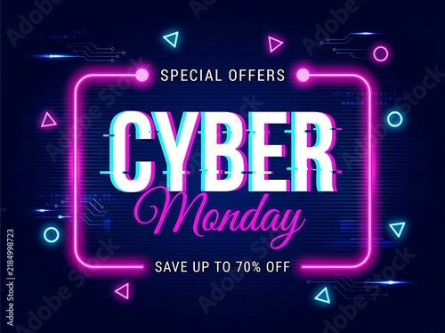 Cyber monday neon sale banner with discount offer and futuristic digital vector design