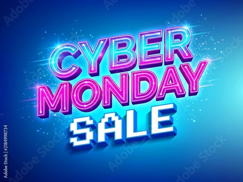 Cyber monday sale neon typography banner with blue background vector illustration