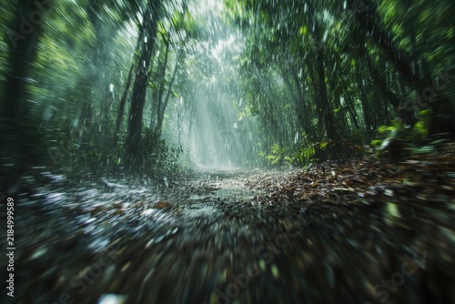 Rainy forest path leading into sunlight.
