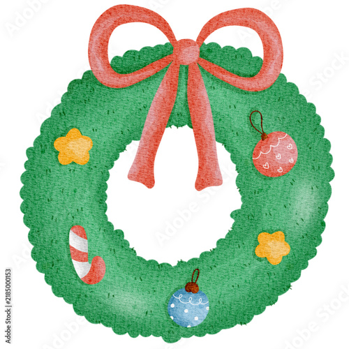 Hand-painted watercolor Christmas wreath adorned with a big red bow, decorative baubles, stars, and a candy cane. Perfect for holiday greeting cards, festive invitations, stickers, and seasonal design