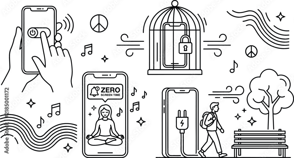Fototapeta premium Digital detox and screen time reduction outline vector set featuring smartphone addiction cage mental wellness concepts isolated.