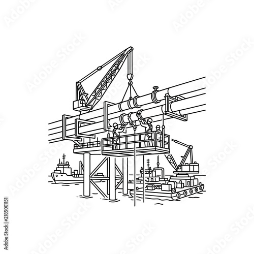 Marine construction workers on a floating platform installing large pipeline sections with a crane.