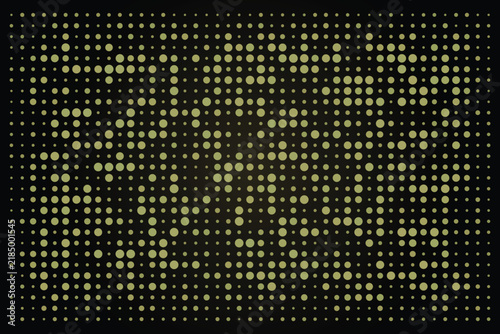 Abstract halftone dot pattern with gold circles on black background