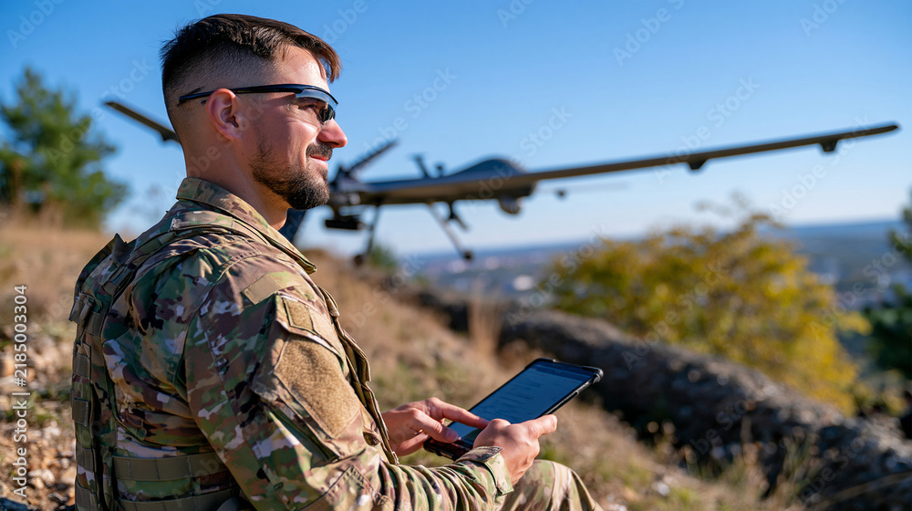 Fototapeta premium Professional soldier deploying an unarmed fixed wing reconnaissance UAV from a temporary military observation post, advanced sensors mounted beneath the aircraft, rugged terrain and distant defensiv