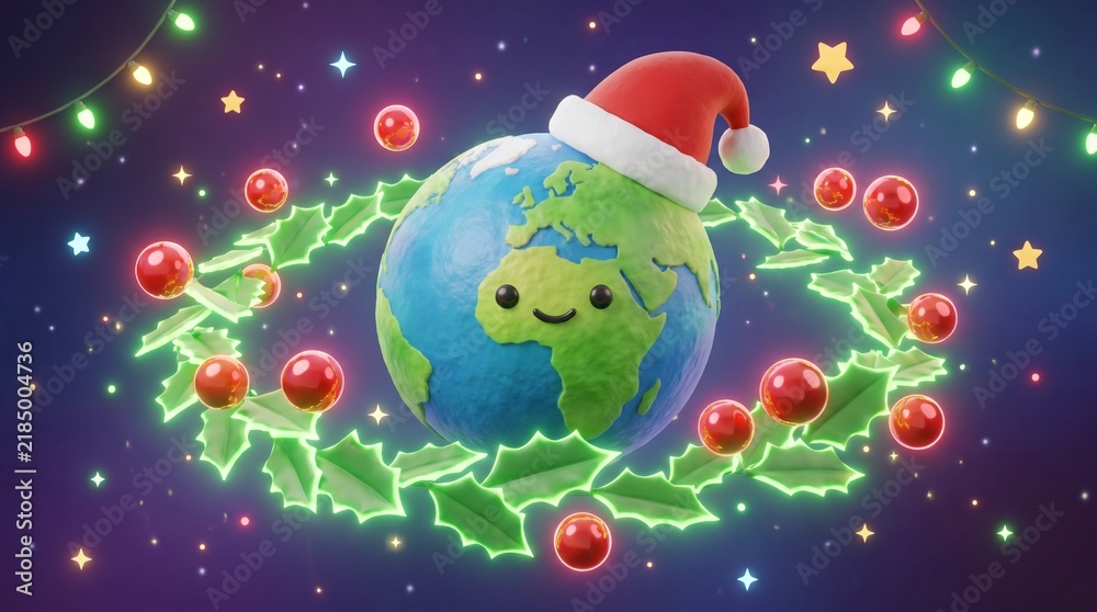 Fototapeta premium A 3D cartoon illustration of a cute, smiling Earth character wearing a Santa Claus hat, encircled by an orbiting ring of glowing Christmas holly leaves and shiny red berries set against a starry space