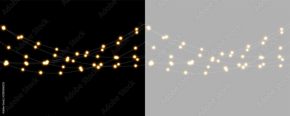 Fototapeta premium A string of warm yellow fairy lights creating a soft glowing effect. The lights are arranged in multiple curved strands with thin visible wires. This image is suitable for festive or cozy.