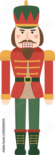 Christmas nutcracker soldier with festive red and green uniform, matching cap, mustache and beard