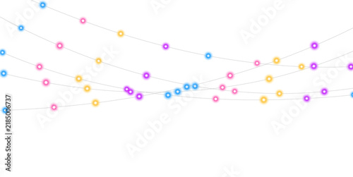 Quadro su tela Colorful round string lights hang in overlapping curved rows