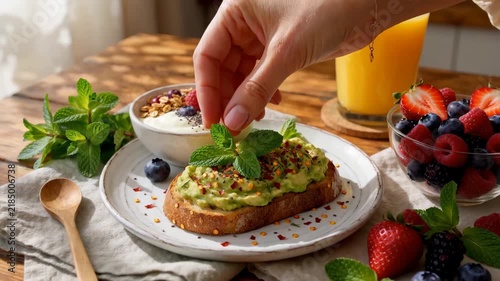 Fresh berries, avocado toast, yogurt, and orange juice are beautifully arranged on a bright wooden kitchen table. A hand carefully places mint leaves on the plate