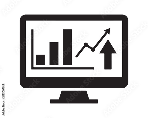 Computer monitor displaying business growth bar chart and upward trend line icon with financial analysis