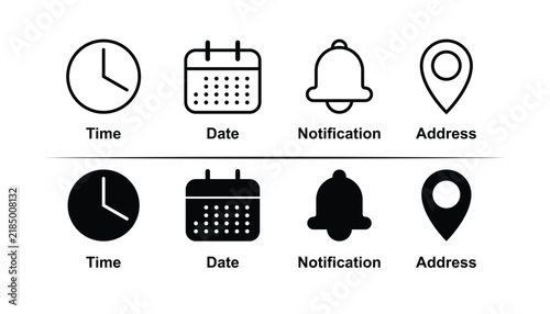 Set of featuring time, clock, date, calendar, notification bell and address location pin icons. vector illustration