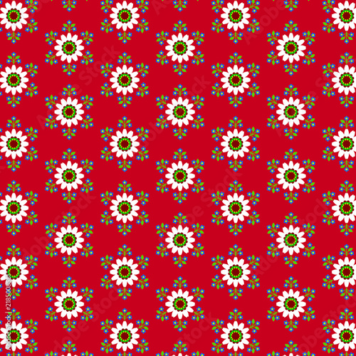Abstract bright wild flowers on a red background Summer floral, botanical, natural pattern Printing on fabric, sewing fabric, textiles, and wrapping paper