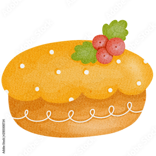 Watercolor illustration of a freshly baked pie decorated with red berries, green leaves, and sweet icing. Perfect for bakery menus, autumn holiday greeting cards, recipe books, packaging labels