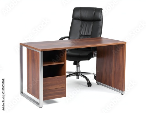 Office setup with a wooden desk, metal legs, and leather chair against a white backdrop