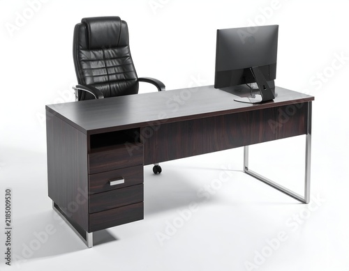 Modern office setup with a dark wood desk, leather chair, and computer against a white backdrop