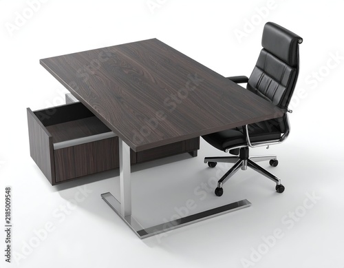 Office furniture, a wooden desk with a drawer, and a black leather chair