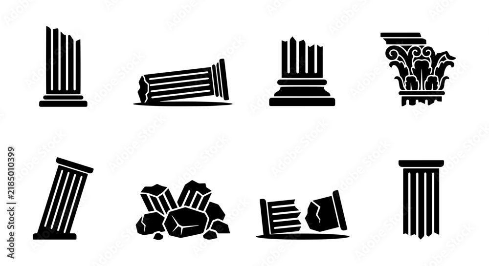 Obraz premium Ancient Greek Column Icons, Ruined Architecture Elements, Classical Building Parts, Historic Structure Symbols