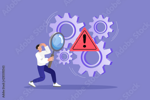 Worried technician analyzing cogwheel failure through loupe with caution notice, delivering clean concept graphics for risk assessment seminars, operational bug fix articles, and agency websites.
