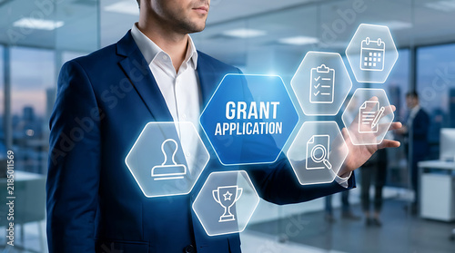 Businessman interacting with grant application digital interface