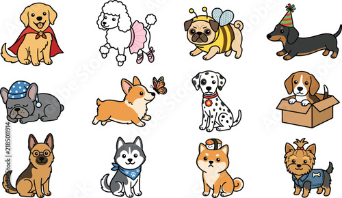 Foto Cute Cartoon Dog Breed Icon Set with Costume Outfits Superhero Cape Tutu Bee Hat
