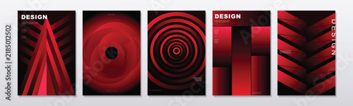 Set of five modern poster designs featuring abstract geometric shapes and patterns in vibrant red and black color gradients