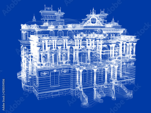Classic Villa 3D Wireframe Blueprint – Architectural Design Visualization