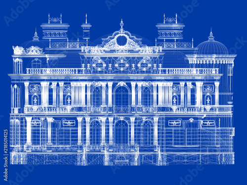 Classic Villa 3D Wireframe Blueprint – Architectural Design Visualization