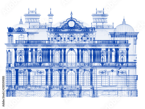 Classic Villa 3D Wireframe Blueprint – Architectural Design Visualization