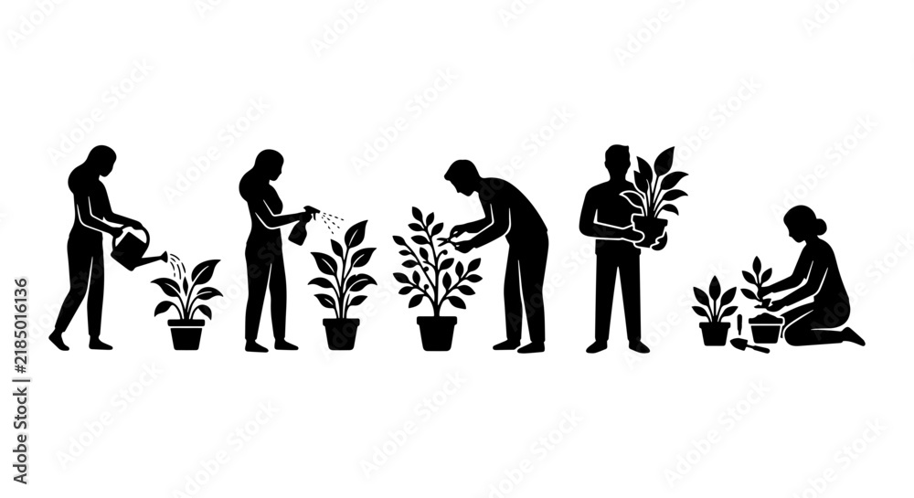 Obraz premium Gardening Silhouettes: People Planting, Watering, and Caring for Potted Plants, Vector Icons