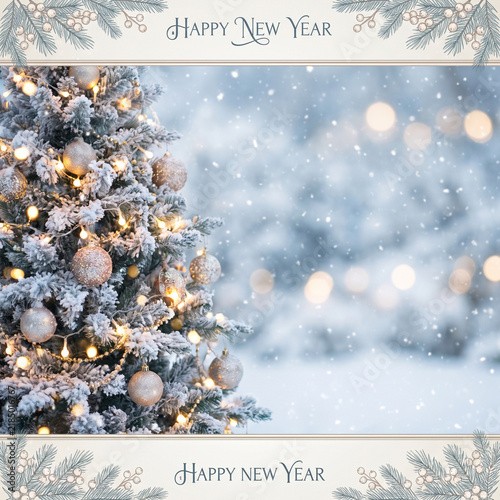 Christmas winter blurred background. Xmas tree with snow decorated with garland lights, holiday festive background. Widescreen backdrop. New year Winter art design, wide screen holiday border