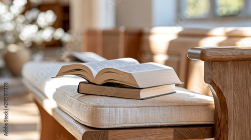 Church pew containing an open Bible, hymn book and folded program, warm natural light, Sunday worship preparation, Christian service concept, with copy space
