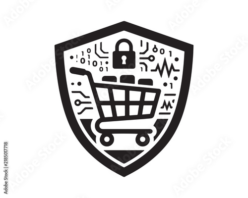 Shield icon representing secure digital shopping with a shopping cart padlock and data lines