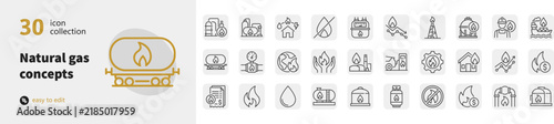Set of thirty natural gas industry and energy supply icons with gas field energy source industry production