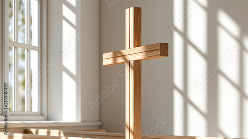 Minimalist church interior with a simple cross illuminated by sunlight, peaceful sanctuary, faith background, spiritual concept, with copy space