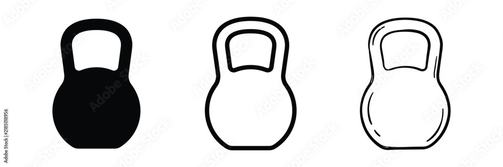Fototapeta premium Fitness Kettlebell weight icon set in solid, outline and hand drawn sketch styles for gym and fitness equipment design