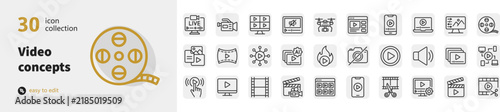 Set of thirty production and digital media film icons with filmmaking production streaming broadcast