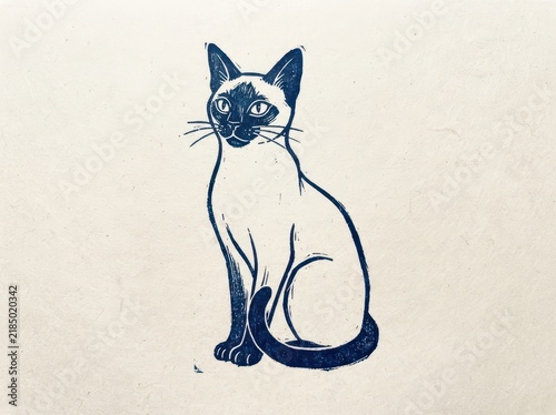 An elegant illustration of a siamese cat sitting gracefully, depicted in a detailed blue ink sketch style on textured paper