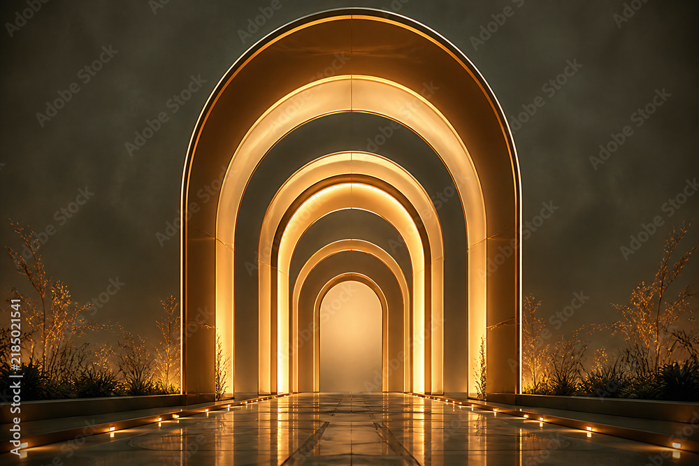 Fototapeta premium A modern, illuminated architectural archway stands as a dramatic entrance against a dark, moody sky.