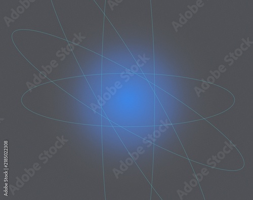 Abstract Blue Glowing Orbital Lines, Energy Core and Atomic Network on Dark Gray Background
