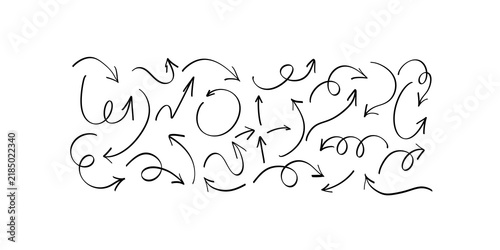 Black thin line hand drawn curved arrow set for flowcharts and design.
