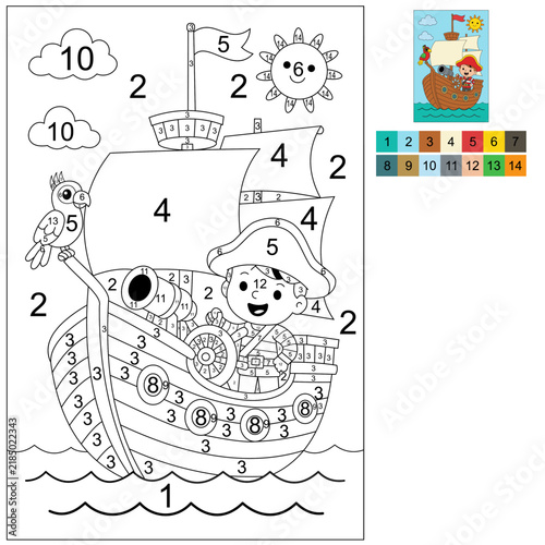 Fun pirate ship color by number printable worksheet for kids! Helps toddlers develop number recognition and fine motor skills. Great educational activity for home, preschool, or kindergarten.