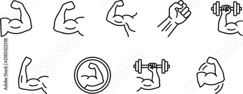 Set of black line showing flexing biceps, fists, and dumbbells